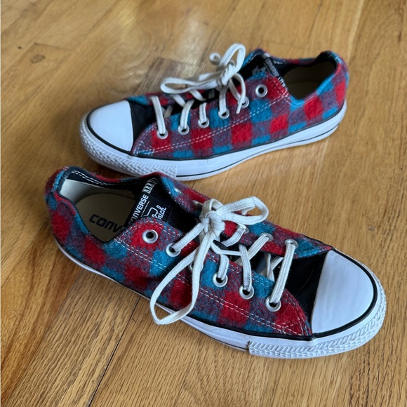 Converse Red/Turquoise Plaid Sneakers w/Leather Look Black Tongue in Size 8W/6M - Picture 3 of 8